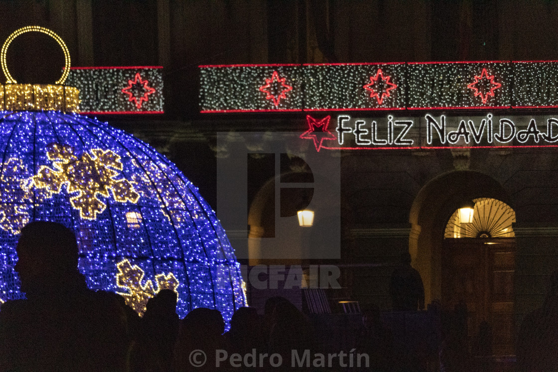 "Giant light Xmas ball in the middle of the main square of Avila" by Pedro Martín - $5.46 "Giant light Xmas ball in the middle of the main square of Avila" stock image