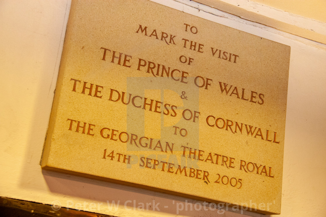 "The Georgian Theatre Royal, Plaque to Prince of Wale and Duchess of Cornwall visit. Richmond, North Yorkshire." by Peter W. Clark - 'photographer' - £15.00 "The Georgian Theatre Royal, Plaque to Prince of Wale and Duchess of Cornwall visit. Richmond, North Yorkshire." stock image