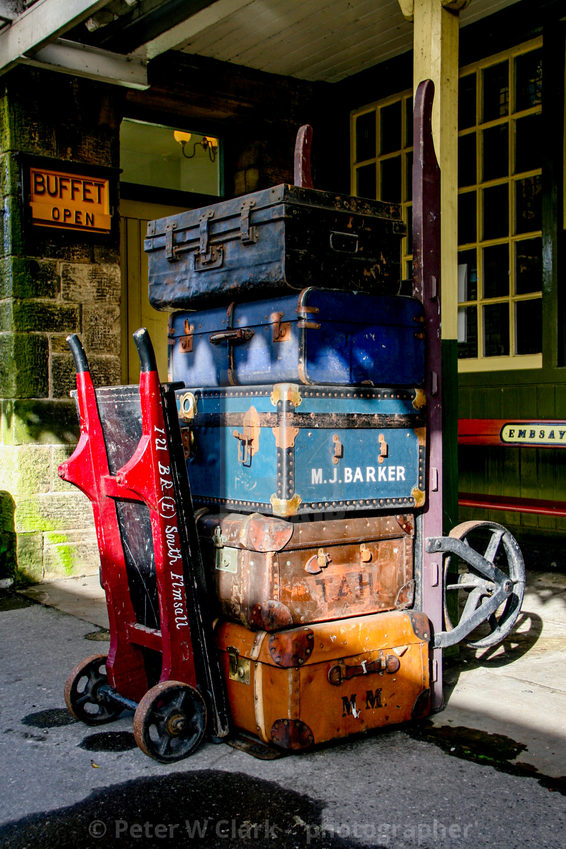 "Embsay and Bolton Abbey Steam Railway. Porters Baggage Trolley and Old Suitcases." by Peter W. Clark - 'photographer' - £10.00 "Embsay and Bolton Abbey Steam Railway. Porters Baggage Trolley and Old Suitcases." stock image