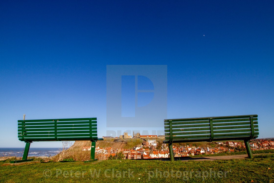 "Whitby,UK,Yorkshire,East coast, Best Viewing Seats in Whitby Overlooking the Khyber Pass, Harbour, Abbey and St Mary's Church." by Peter W. Clark - 'photographer' - £20.00 "Whitby,UK,Yorkshire,East coast, Best Viewing Seats in Whitby Overlooking the Khyber Pass, Harbour, Abbey and St Mary's Church." stock image