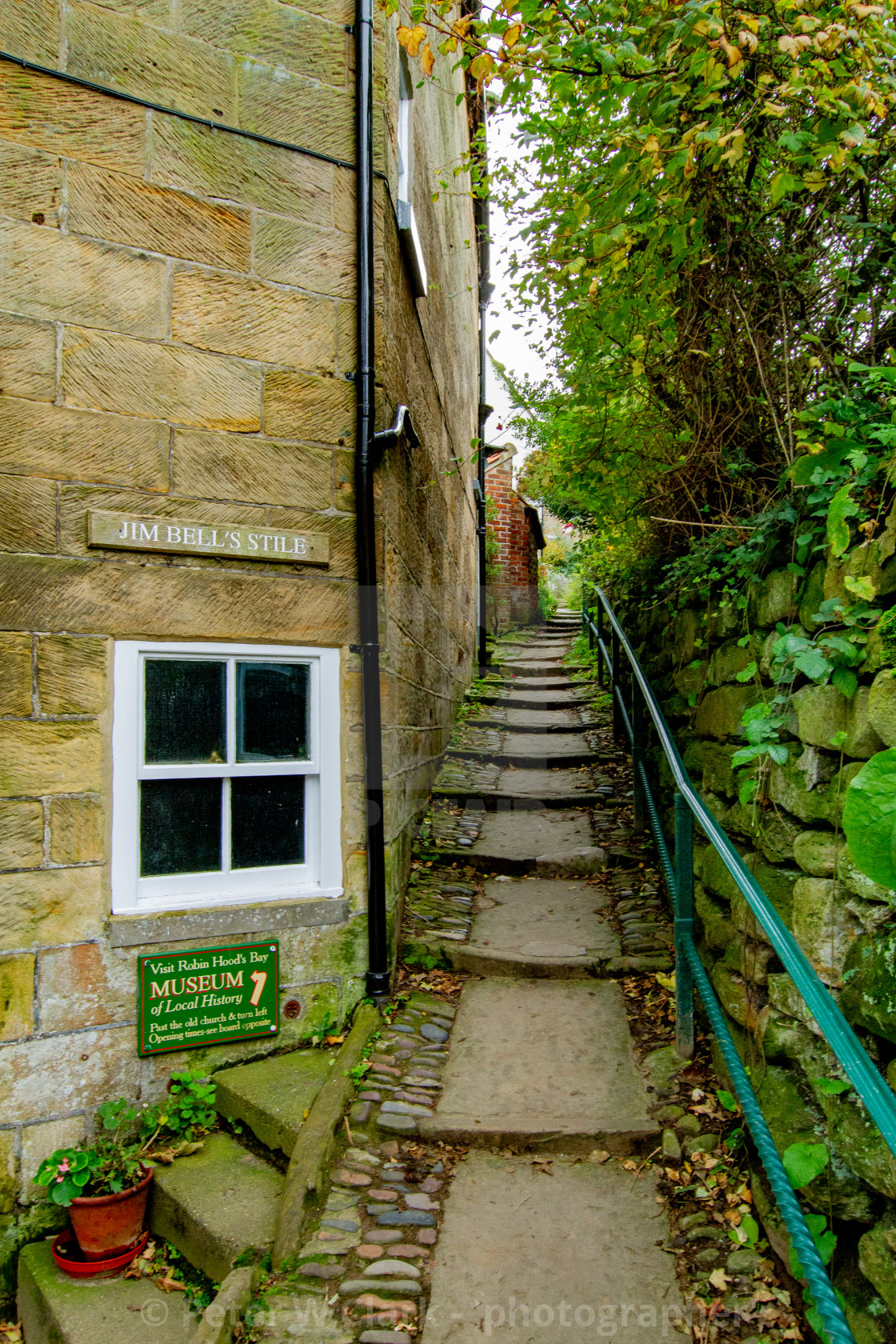 "Jim Bell's Stile leading to Robin Hoods Bay Museum of Local History." by Peter W. Clark - 'photographer' - £10.00 "Jim Bell's Stile leading to Robin Hoods Bay Museum of Local History." stock image