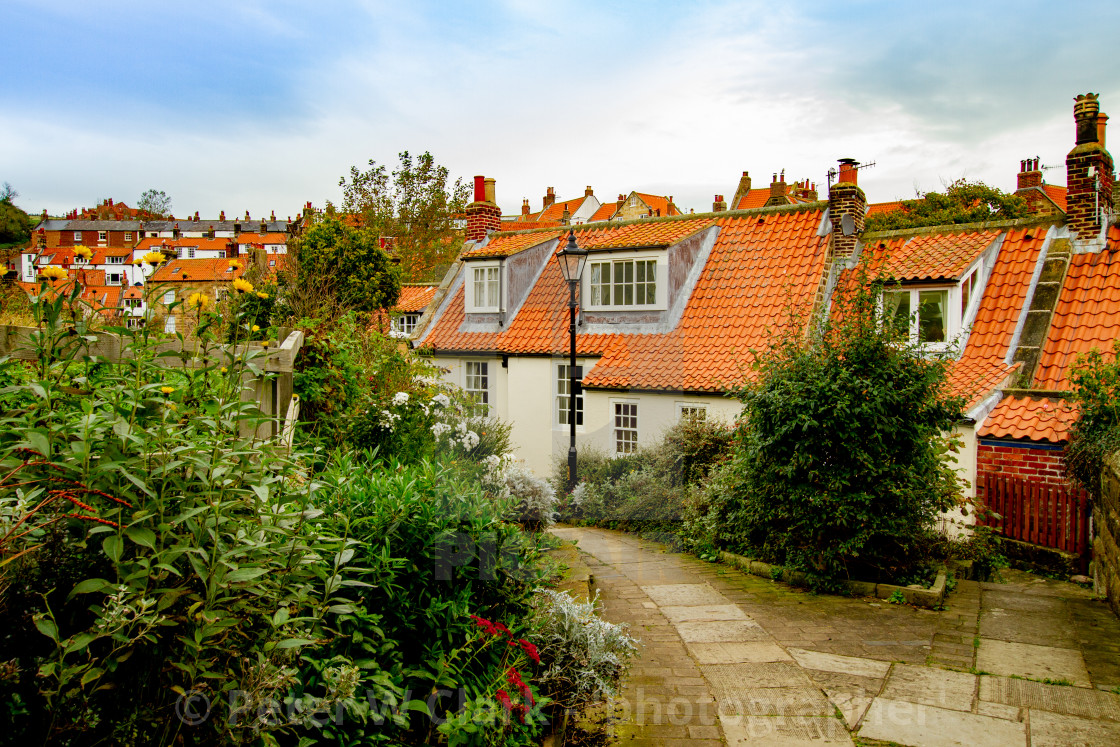"Pathway and Cottages from New Road to Fisherhead, Robin Hoods Bay, Yorkshire." by Peter W. Clark - 'photographer' - £15.00 "Pathway and Cottages from New Road to Fisherhead, Robin Hoods Bay, Yorkshire." stock image