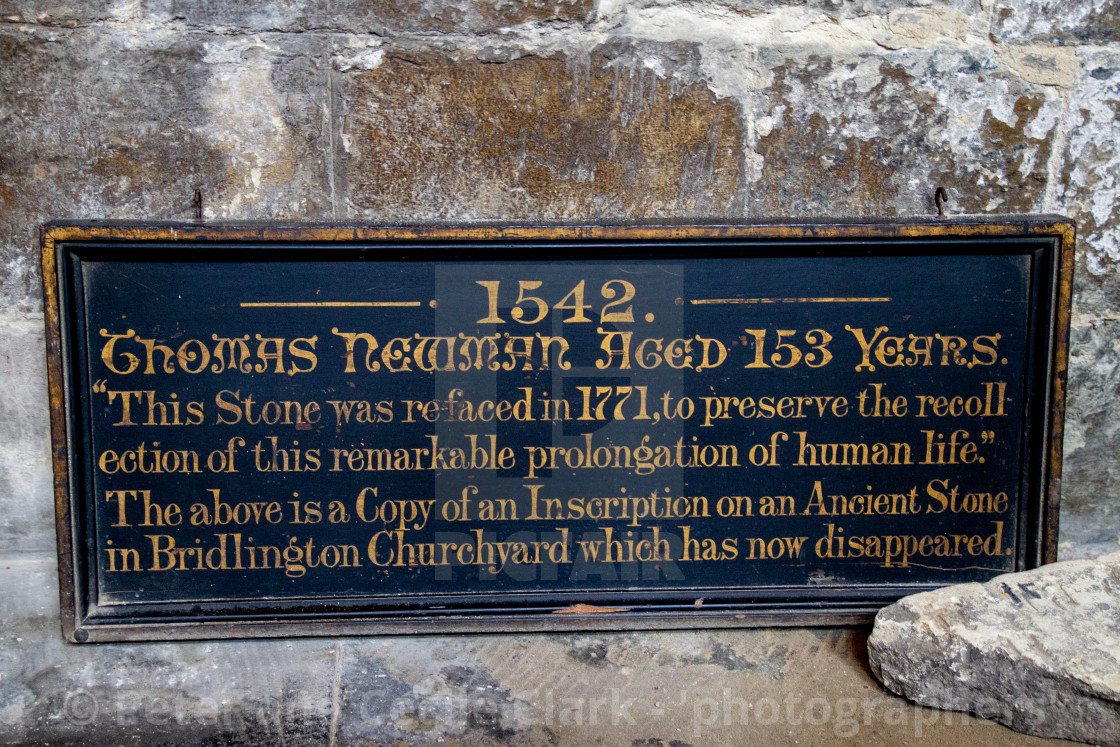 "Priory Church of St Mary, Bridlington. Sign relating to Thomas Newman aged 153 Years." stock image