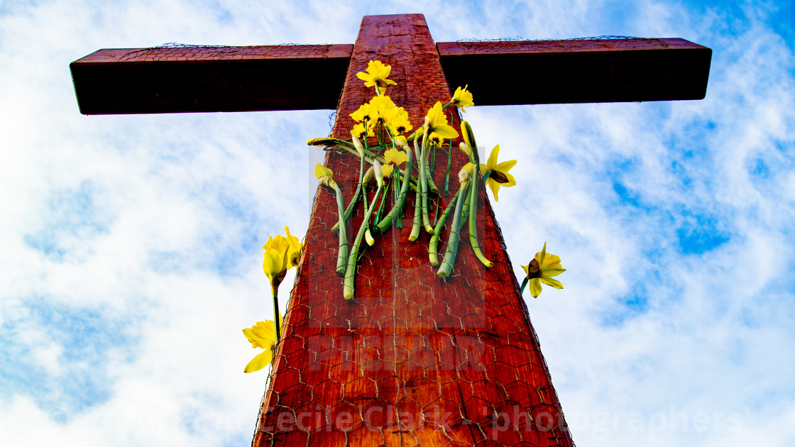 "Easter Cross with Daffodils, Ilkley" stock image