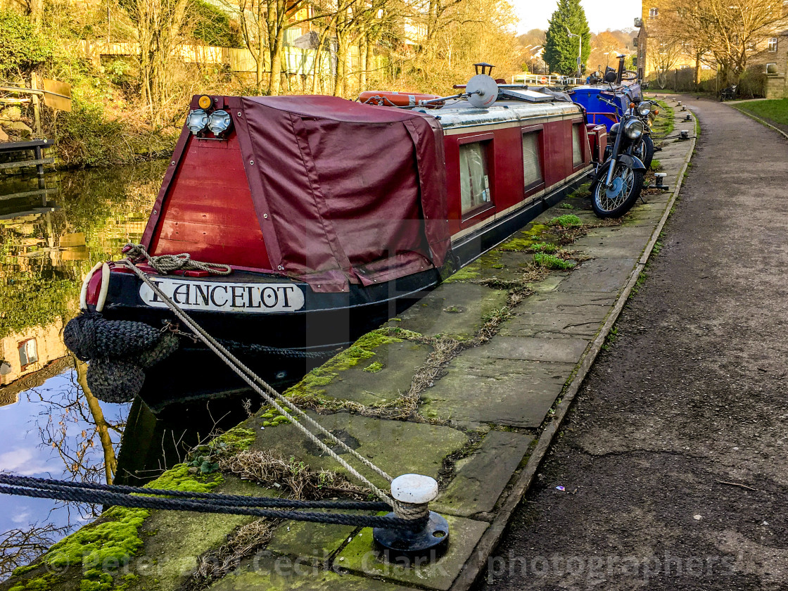 "Skipton Canal Basin on the Leeds Liverpool Canal. Narrow Boat Lancelot moored on Towpath" stock image