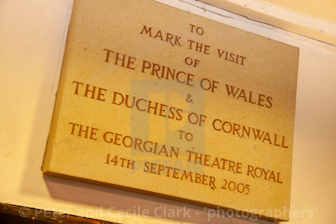 "The Georgian Theatre Royal, Plaque to Prince of Wale and Duchess of Cornwall visit. Richmond, North Yorkshire." stock image