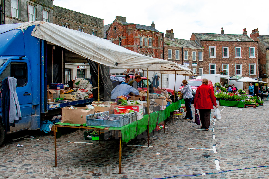 "Cobbled Market Place, Market Stall Displaying and Selling Vegetables.Richmond, North Yorkshire." stock image