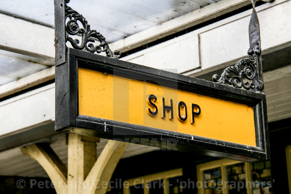 "Embsay and Bolton Abbey Steam Railway, Platform Sign, Shop." stock image