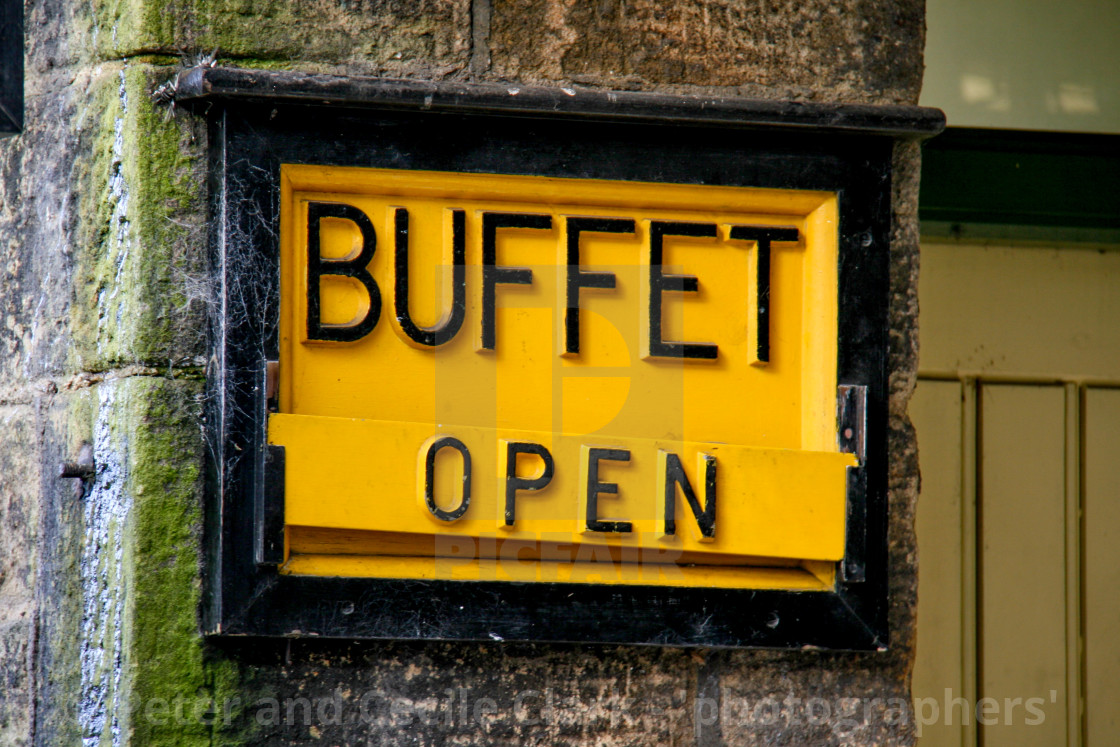 "Embsay and Bolton Abbey Steam Railway, Platform Sign, Shop. Buffet Open." stock image