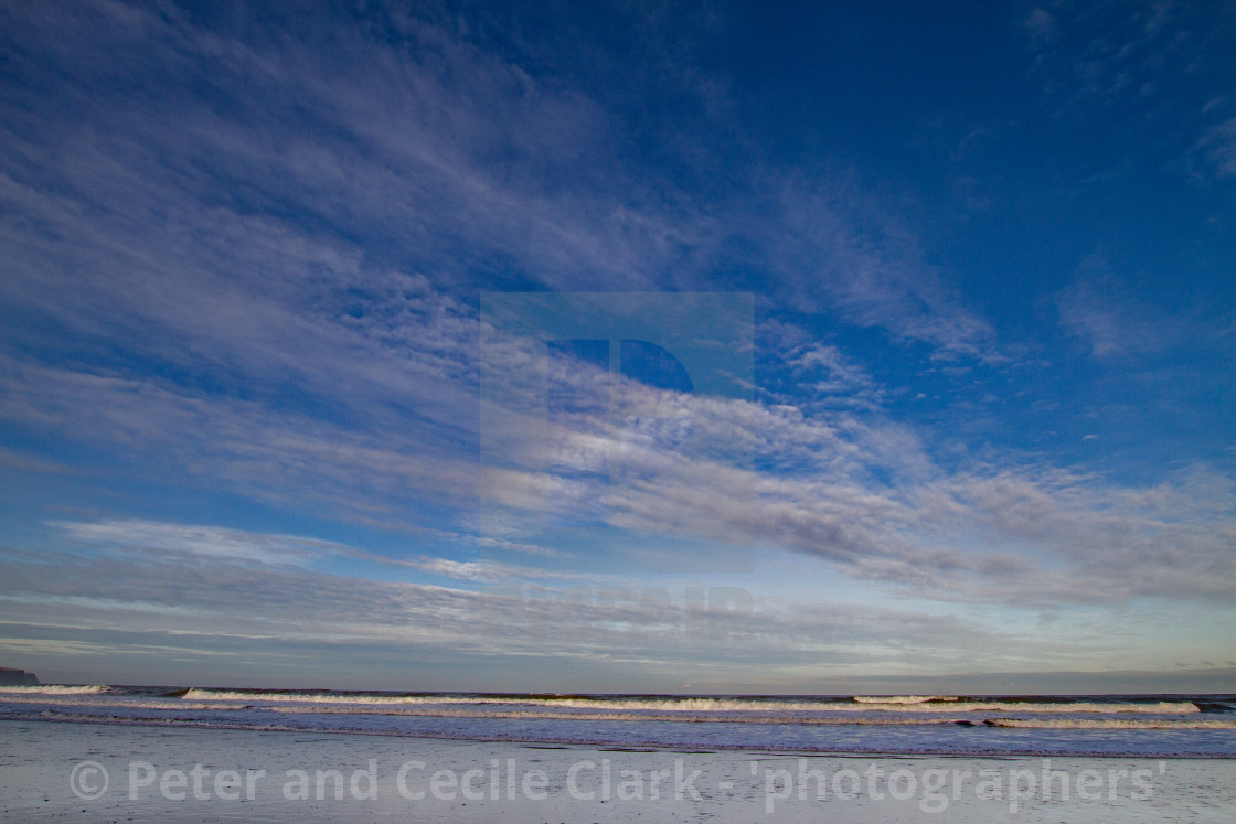 "Whitby, UK, Beach, Reflection. Blue Sky and Copy Space." stock image