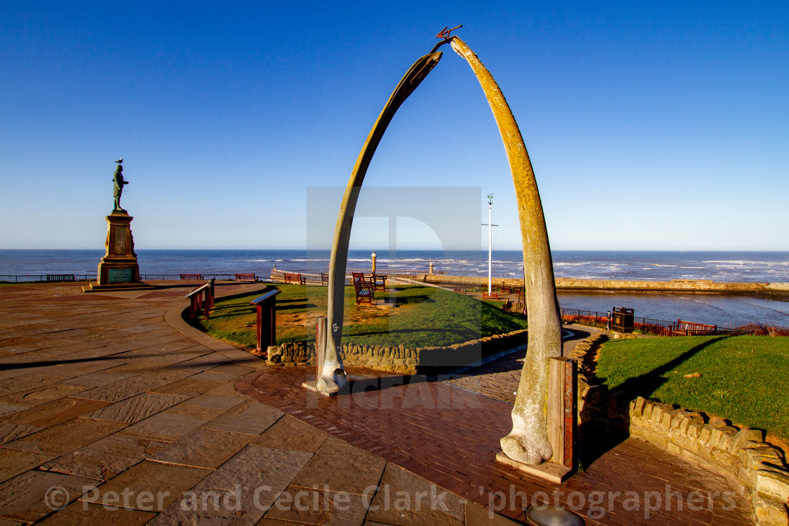 "Whitby,UK,Yorkshire,East coast, Monuments, Captain Cook Statue and the Whalebone Arch." stock image