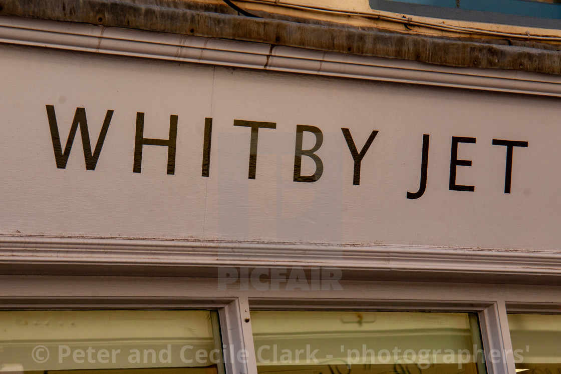 "Whitby, UK, Yorkshire East Coast, Whitby Jet, Shop Sign." stock image