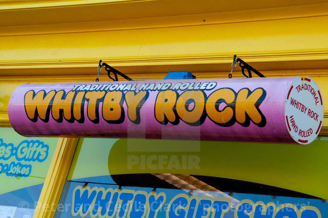 "Whitby, UK, Yorkshire East Coast, Whitby Rock, Shop Sign." stock image