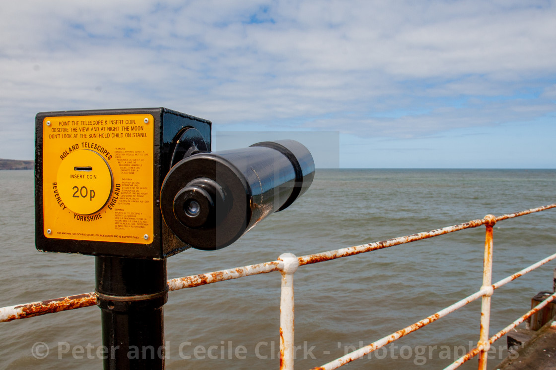 "Whitby,UK,Yorkshire,East coast, Roland Pay to View Telescope at the Harbour." stock image