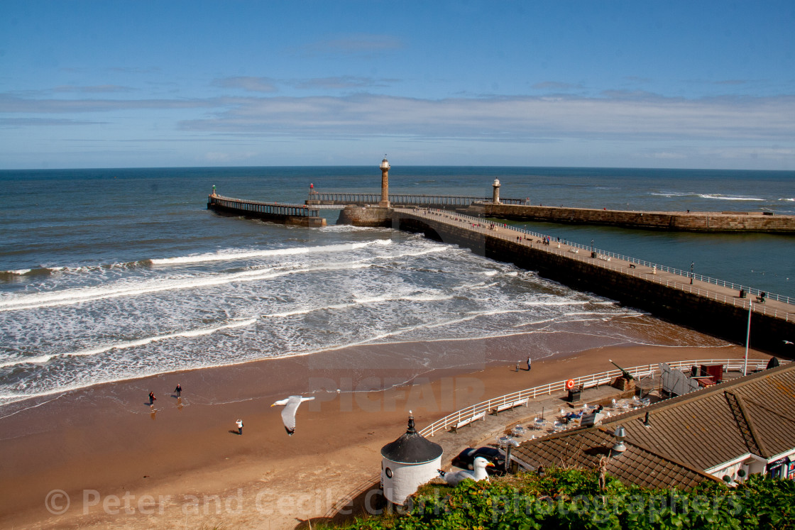 "Whitby,UK,Yorkshire,East coast,View from First Nab over East and West Piers, Harbour Entrance." stock image