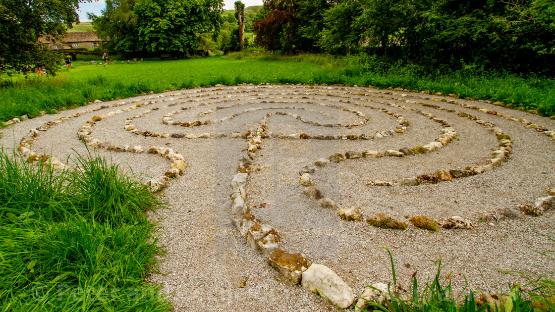 "Meadow Labyrinth, St Mary's Church, Kettlewell. Yorkshire Dales." stock image