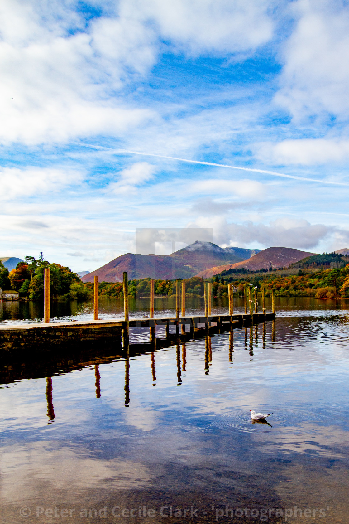 "‘Derwentwater Wooden Jetty’ and Reflections. Mountains in background. The Lake District, Cumbria, England." stock image