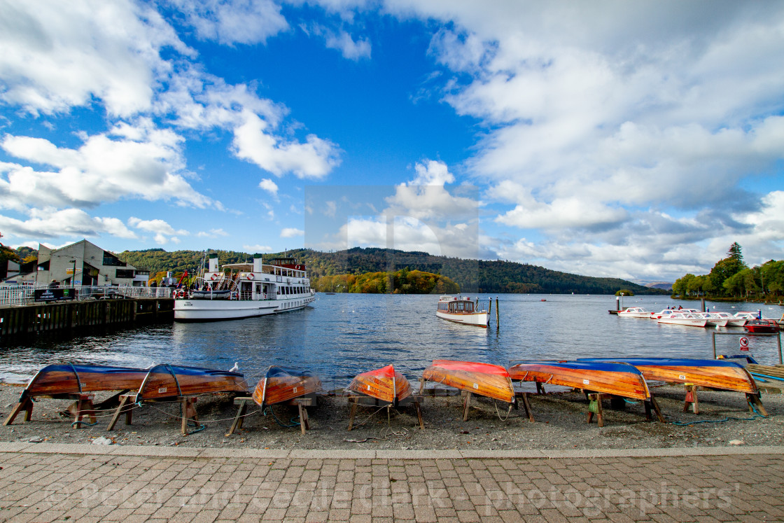 "Clinker Built Rowing Boats for Hire on Foreshore, The Lake District, Ambleside, Lake Windermere, Cumbria," stock image