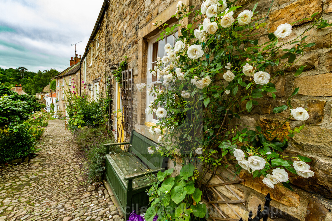 "Richmond, Yorkshire, England. Stone built terraced cottages." stock image