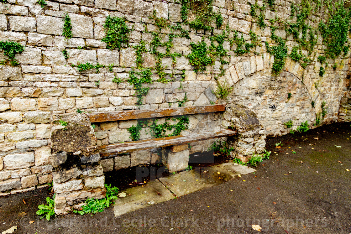 "Bench Seat on Castle Walk below Richmond Castle, Yorkshire." stock image