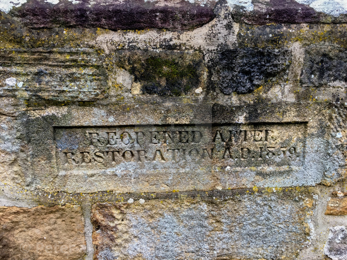 "Burnsall, Yorkshire Dales Village, England, St Wilfrids Parish Church, Stone Inscription." stock image