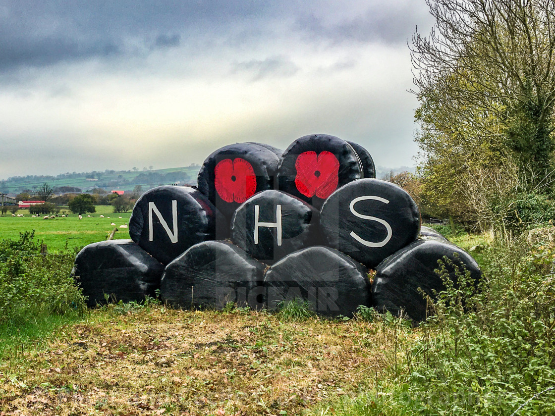 "Poppy Motif and NHS Logo on Plastic Covered Hay Bales." stock image