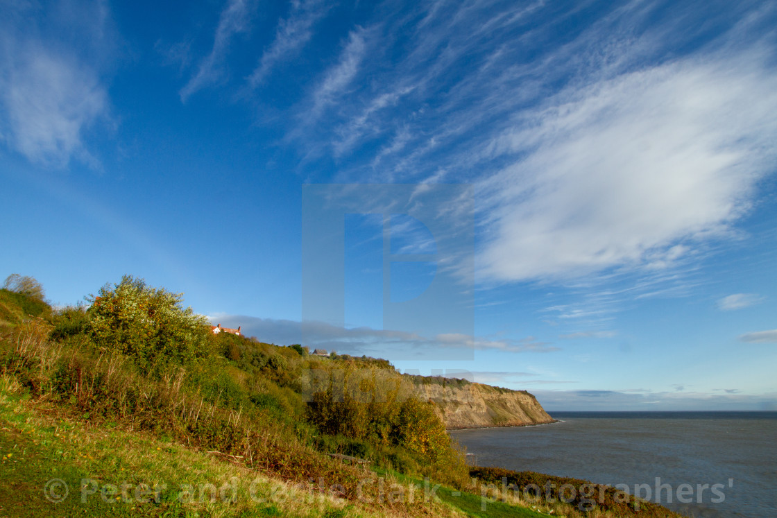 "View of the cliffs at Robin Hoods Bay on a Sunny Morning." stock image