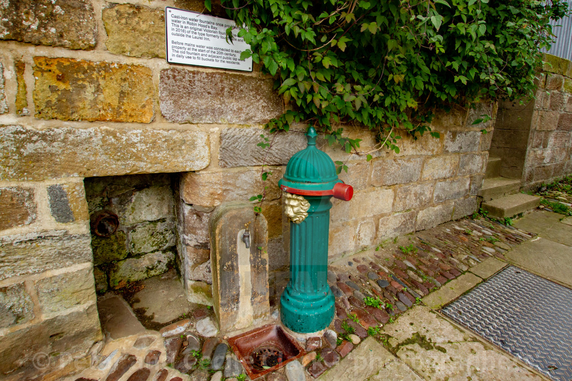 "Cast Iron Water Fountain, Robin Hoods Bay, Yorkshire." stock image