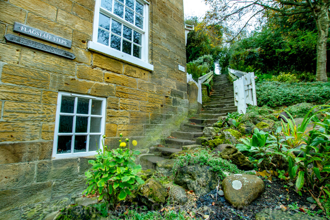 "Robin Hoods Bay, Flagstaff Steps, Cleveland Way." stock image