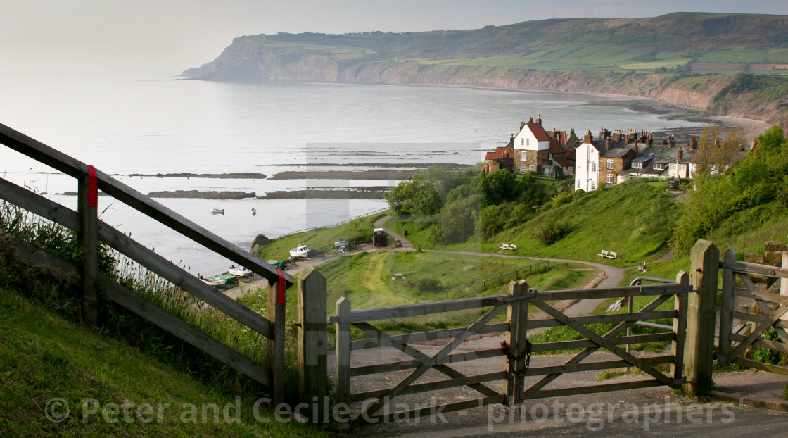 "Robin Hoods Bay, a Panoramic View from the top of Bay Bank." stock image