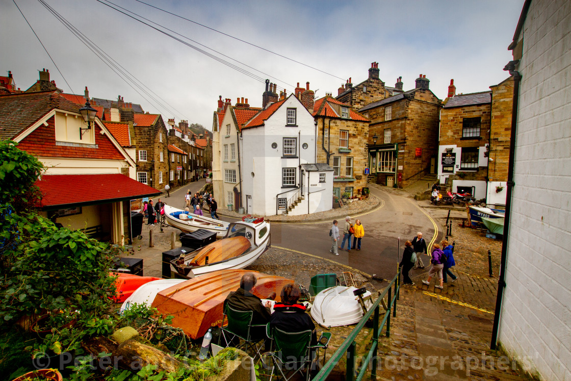 "Robin Hoods Bay, Yorkshire, England. View of the Dock Area showing junction of New Road and King Street. Photographed 10th October 2010." stock image