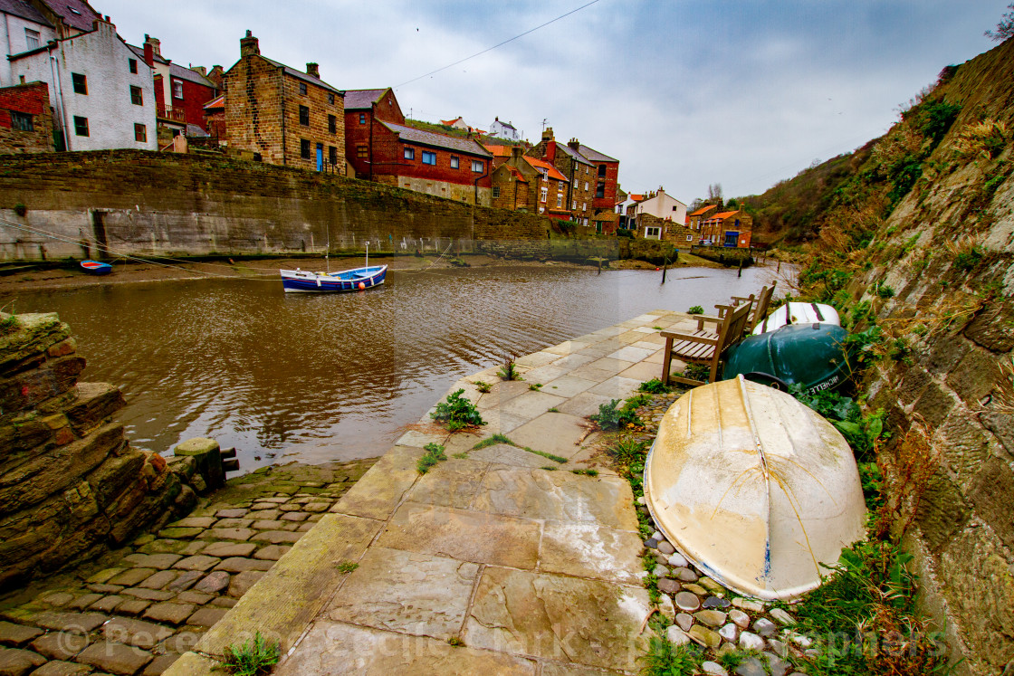 "Cobbled slipway at Staithes Beck, Staithes on Yorkshires East Coast." stock image