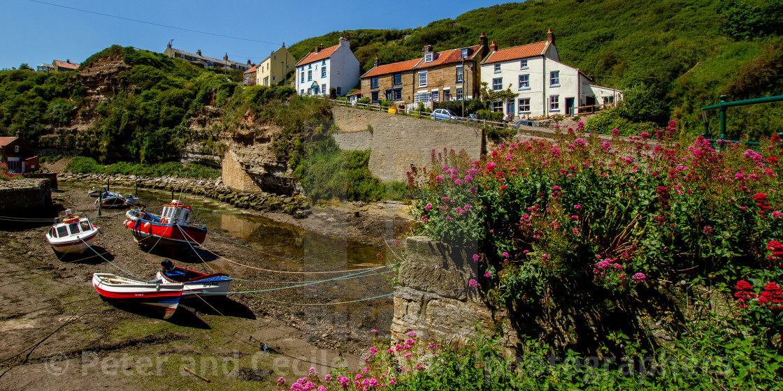 "Fishing Cobbles Moored in Staithes Beck, Fishermens Cottages in the Background. Staithes, Yorkshire, UK." stock image