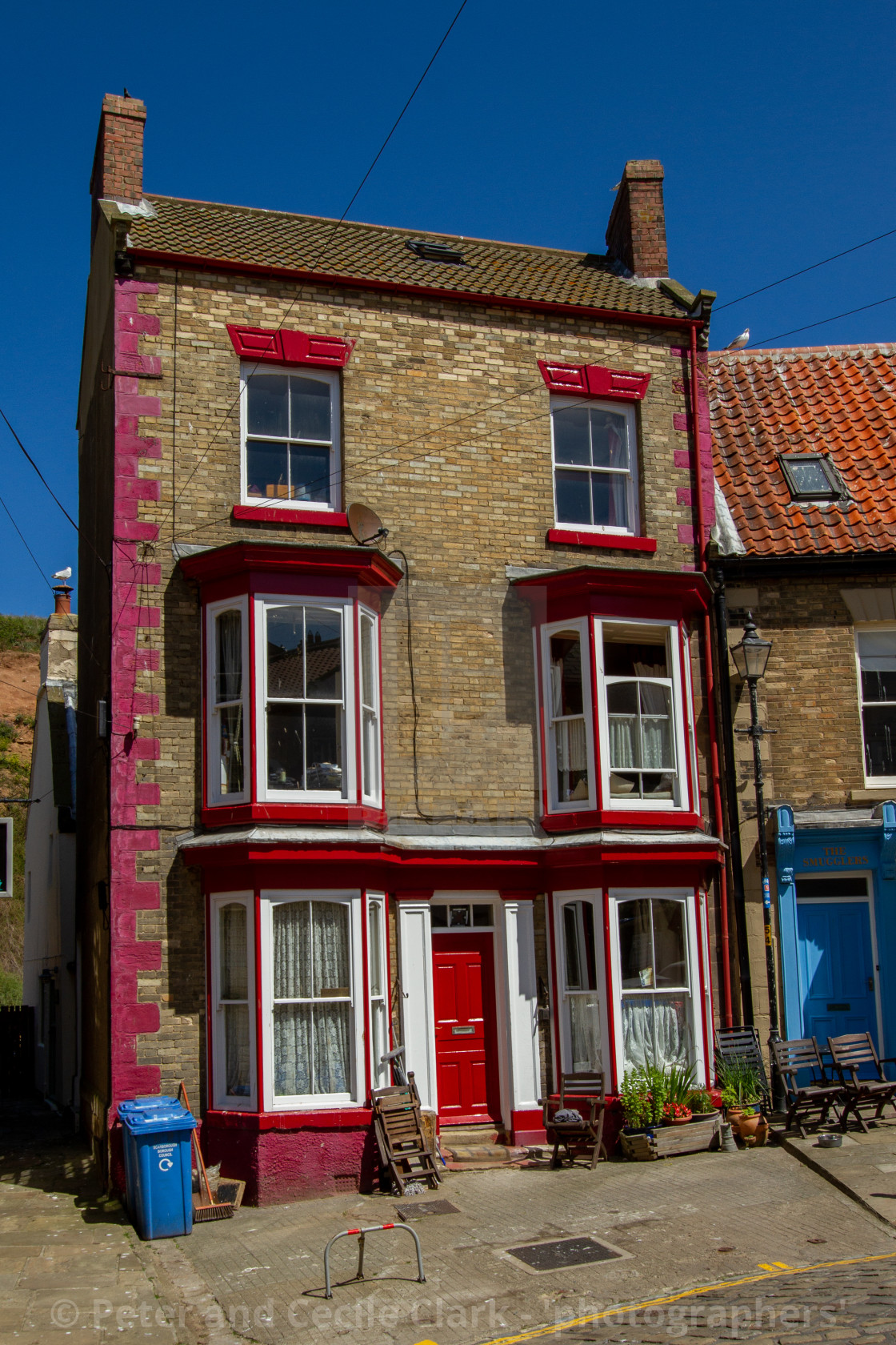 "Staithes, High Street, Three Story House." stock image