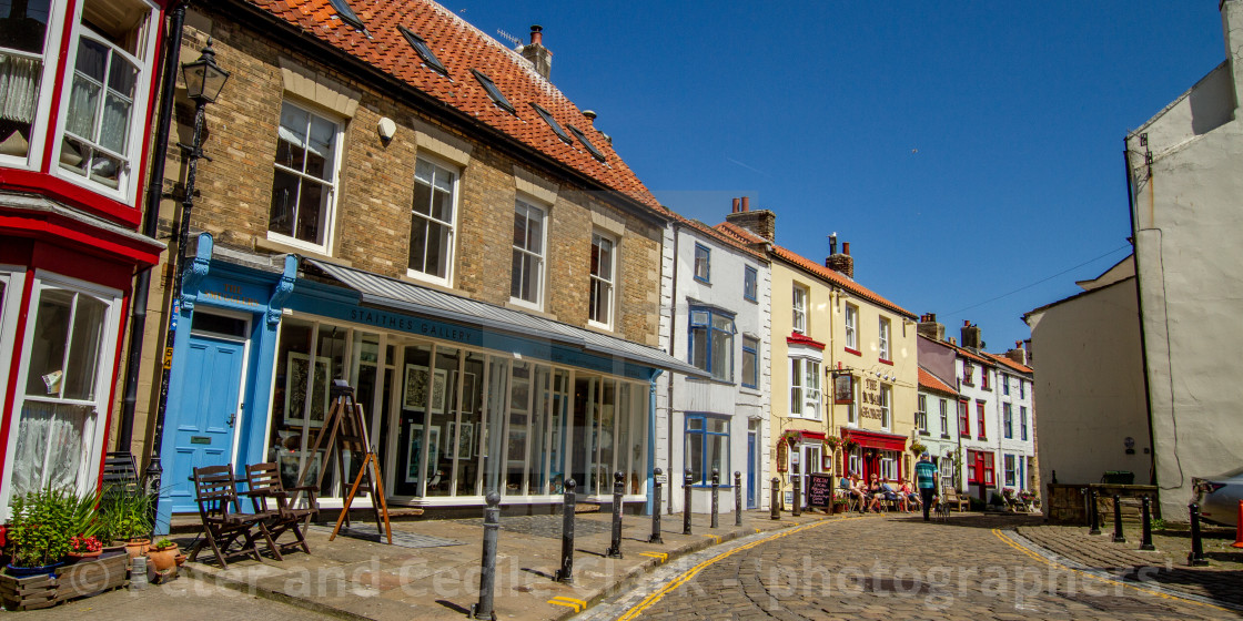 "Staithes Gallery and High Street, Staithes, Yorkshire, England." stock image