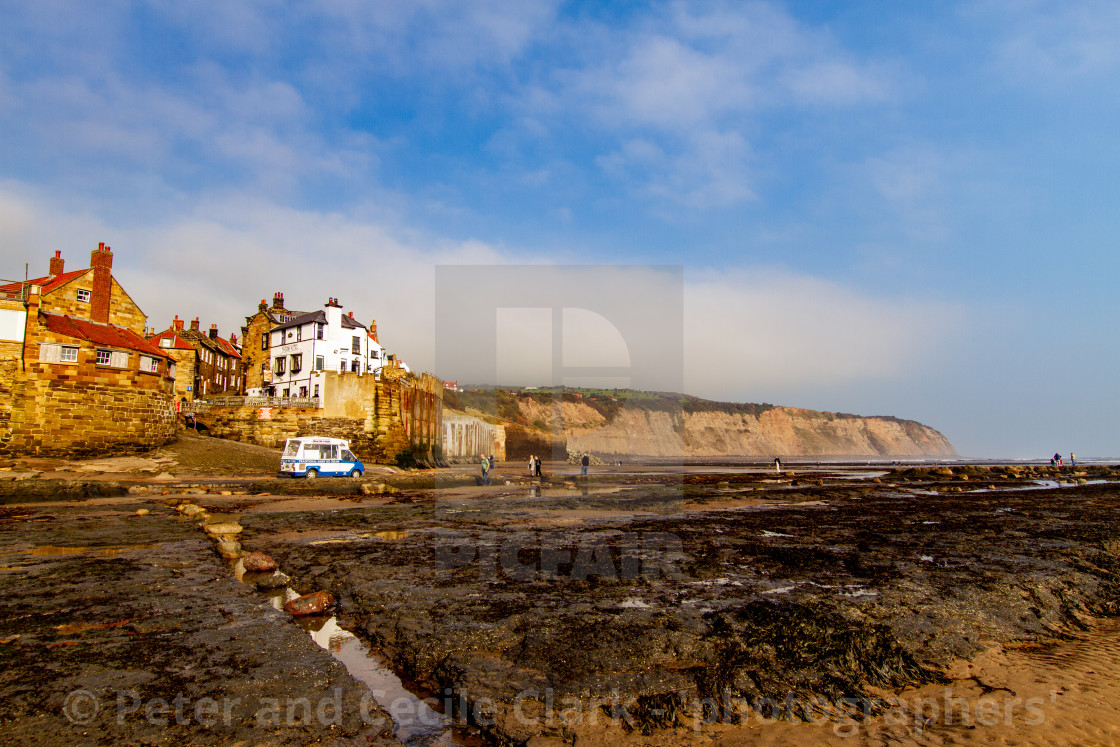 "Robin Hoods Bay, Yorkshire East Coast, England. A Panoramic View from the Beach of the Village" stock image