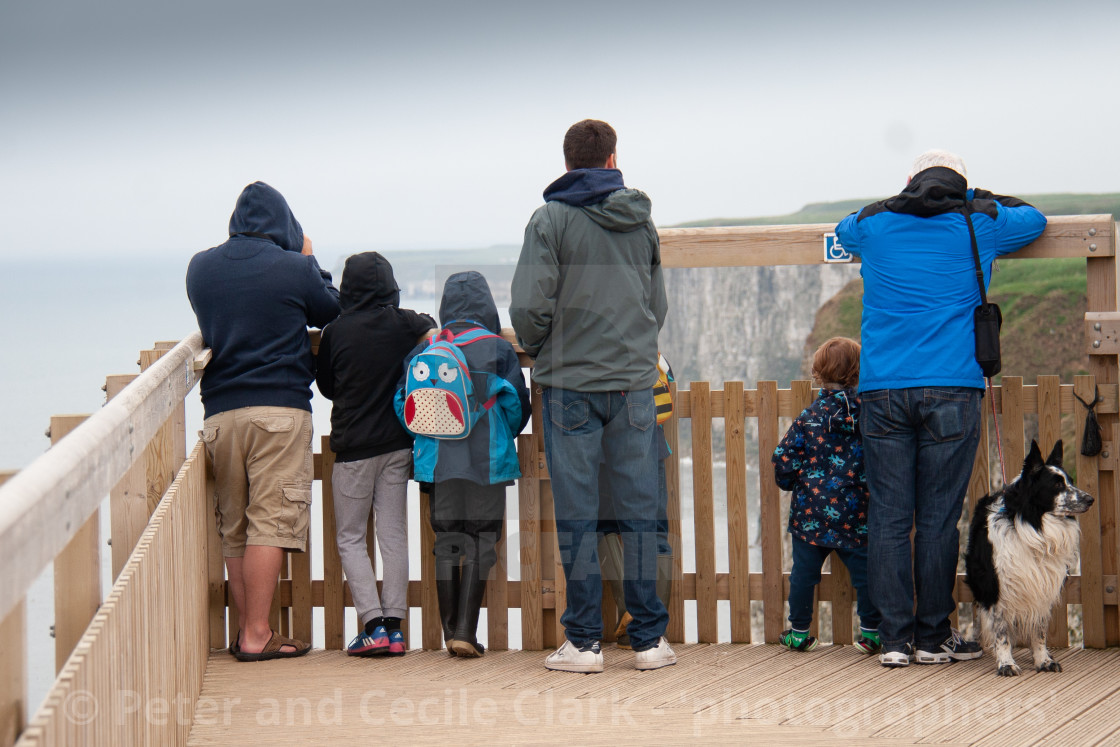 "Bird Watchers (rear view) at Bempton Cliffs RSPB Reserve. Yorkshire, England." stock image