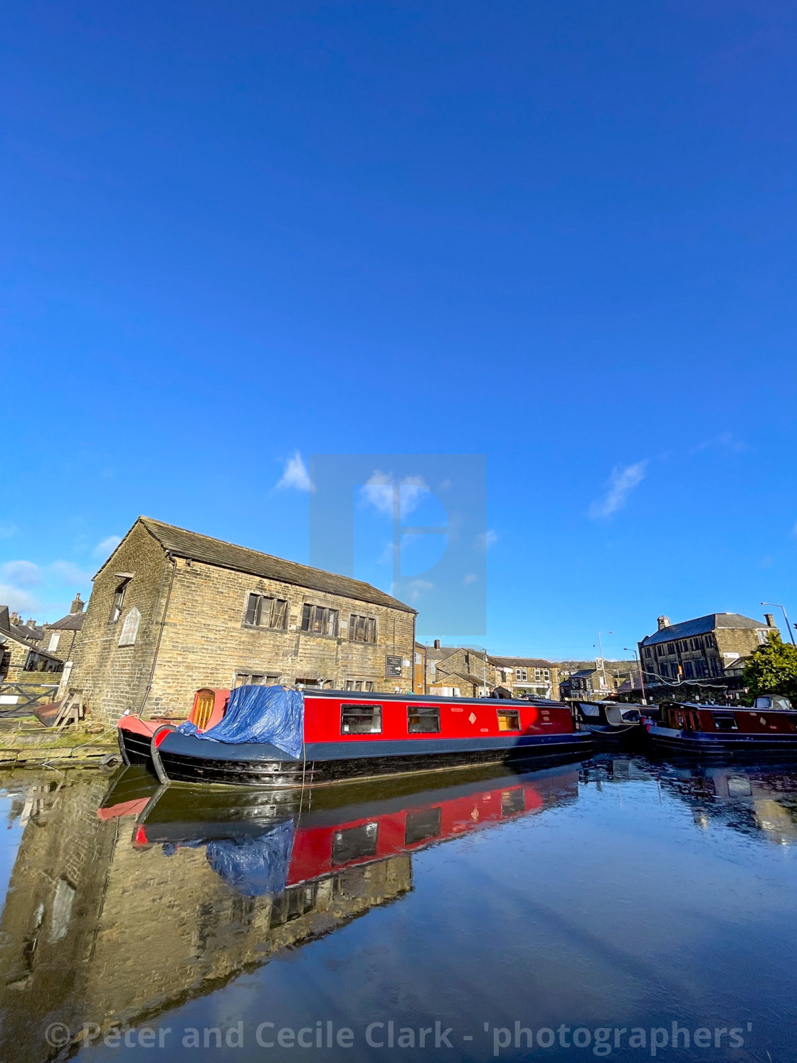 "Holiday Boat, Barge on the Leeds and Liverpool Canal at Silsden (Cobbydale) Yorkshire, England," stock image