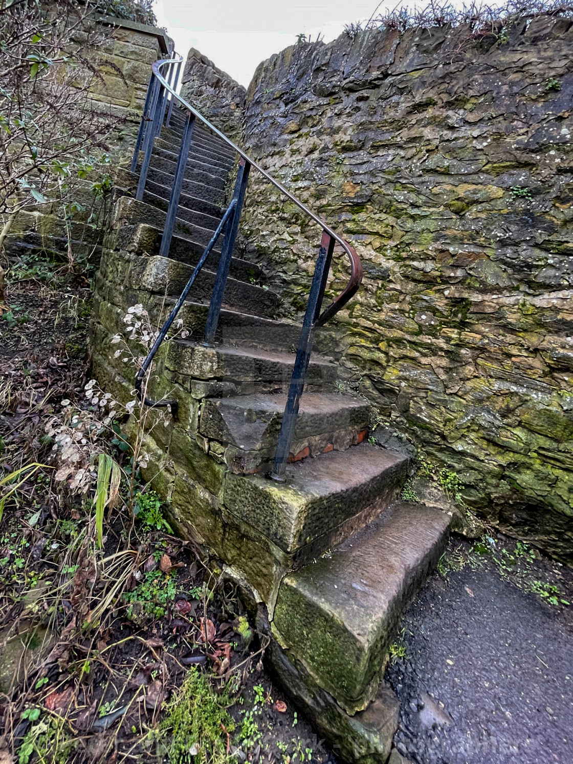 "Winding Stone Steps leading to The Leeds and Liverpool Canal Towpath at Silsden (Cobbydale) Yorkshire, England." stock image