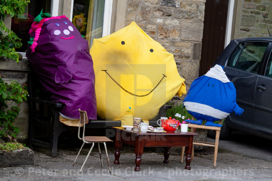 "Kettlewell Scarecrow Festival and Trail, Mr Men, Teatime. Yorkshire Dales, England." stock image