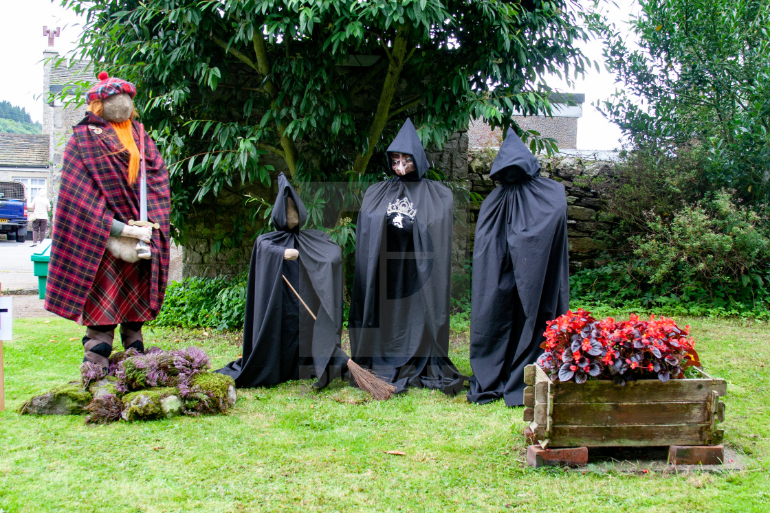 "Kettlewell Scarecrow Festival and Trail, Braveheart and Wiches. Yorkshire Dales, England." stock image