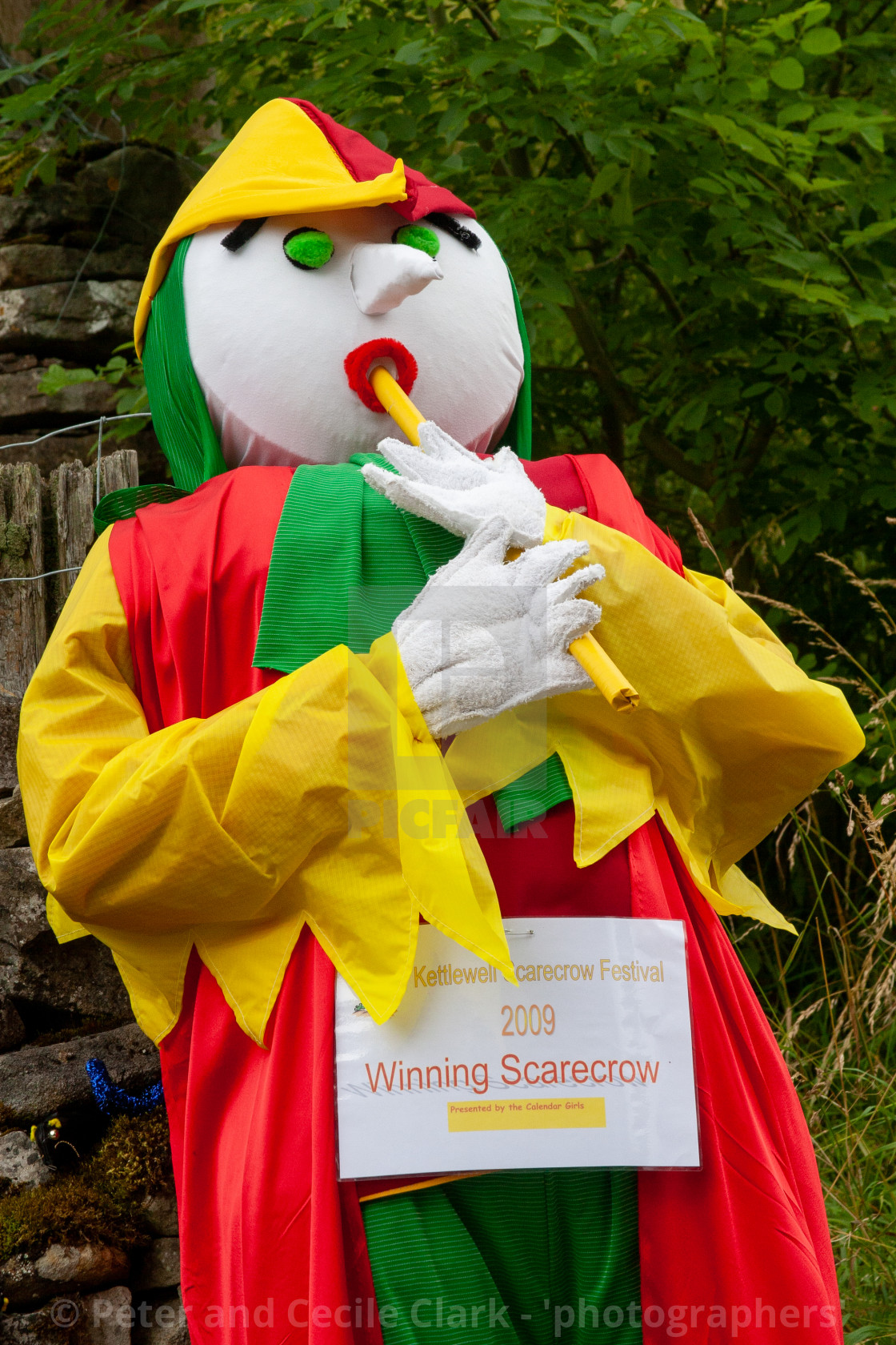 "Kettlewell Scarecrow Festival and Trail, Pied Piper. Winner. Yorkshire Dales, England." stock image