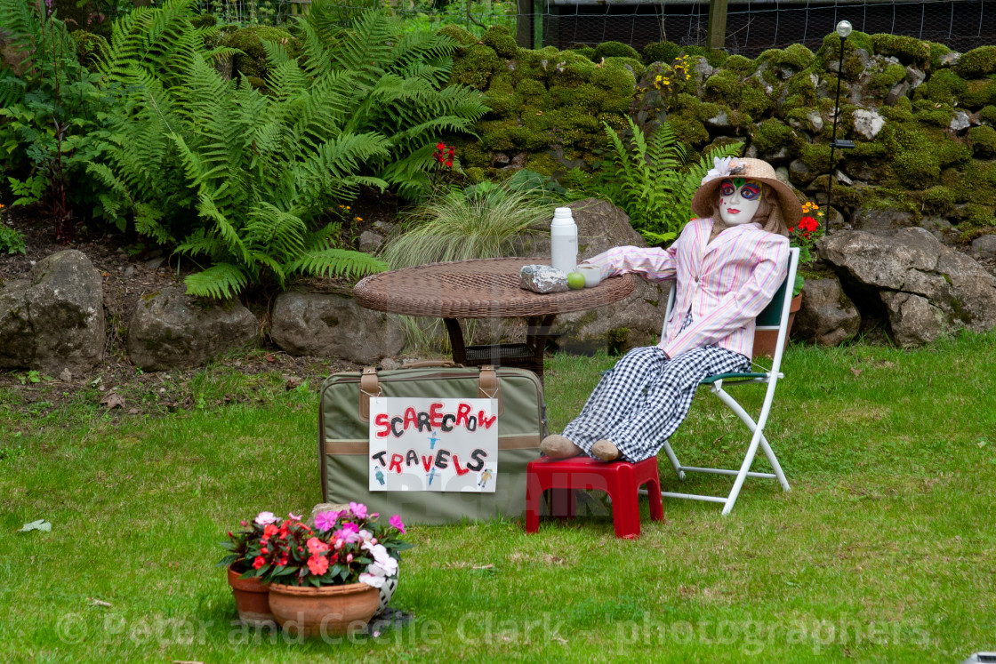 "Kettlewell Scarecrow Festival and Trail, Traveller taking a Break. Yorkshire Dales, England." stock image