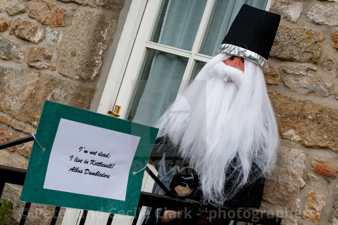 "Kettlewell Scarecrow Festival and Trail, Albus Dumbledore. Yorkshire Dales, England." stock image