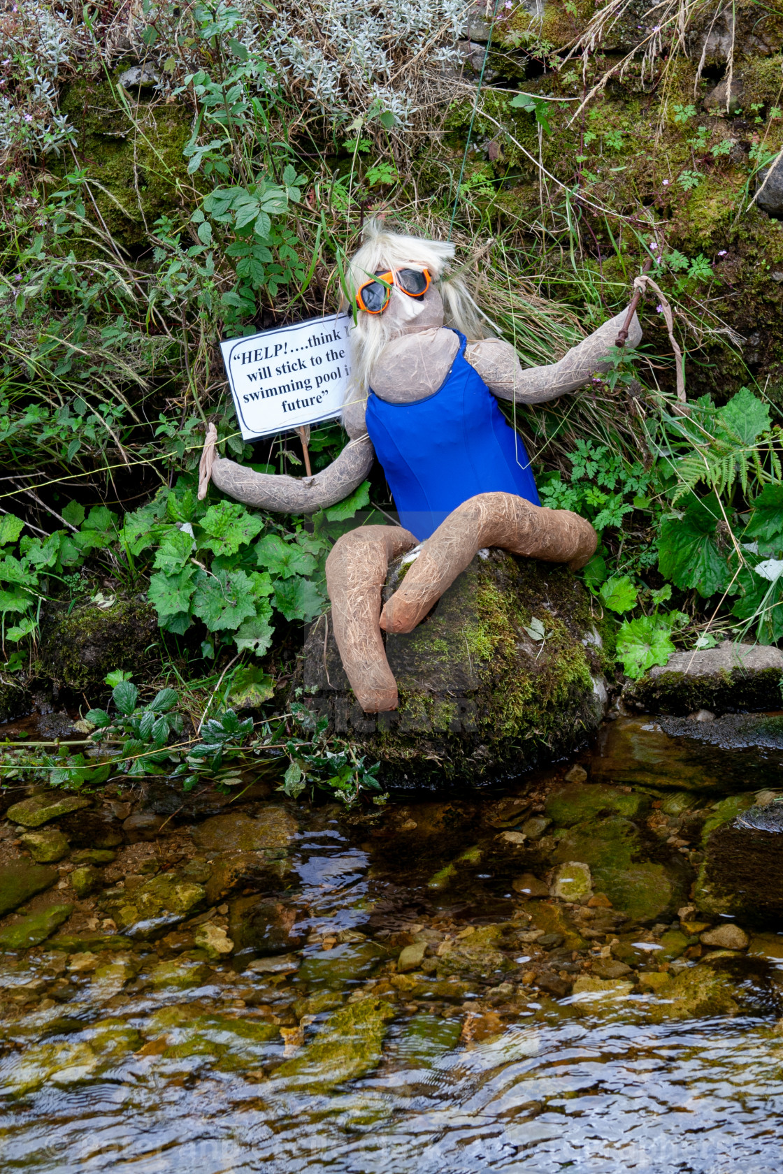 "Kettlewell Scarecrow Festival and Trail, Lost Swimmer. Yorkshire Dales, England." stock image