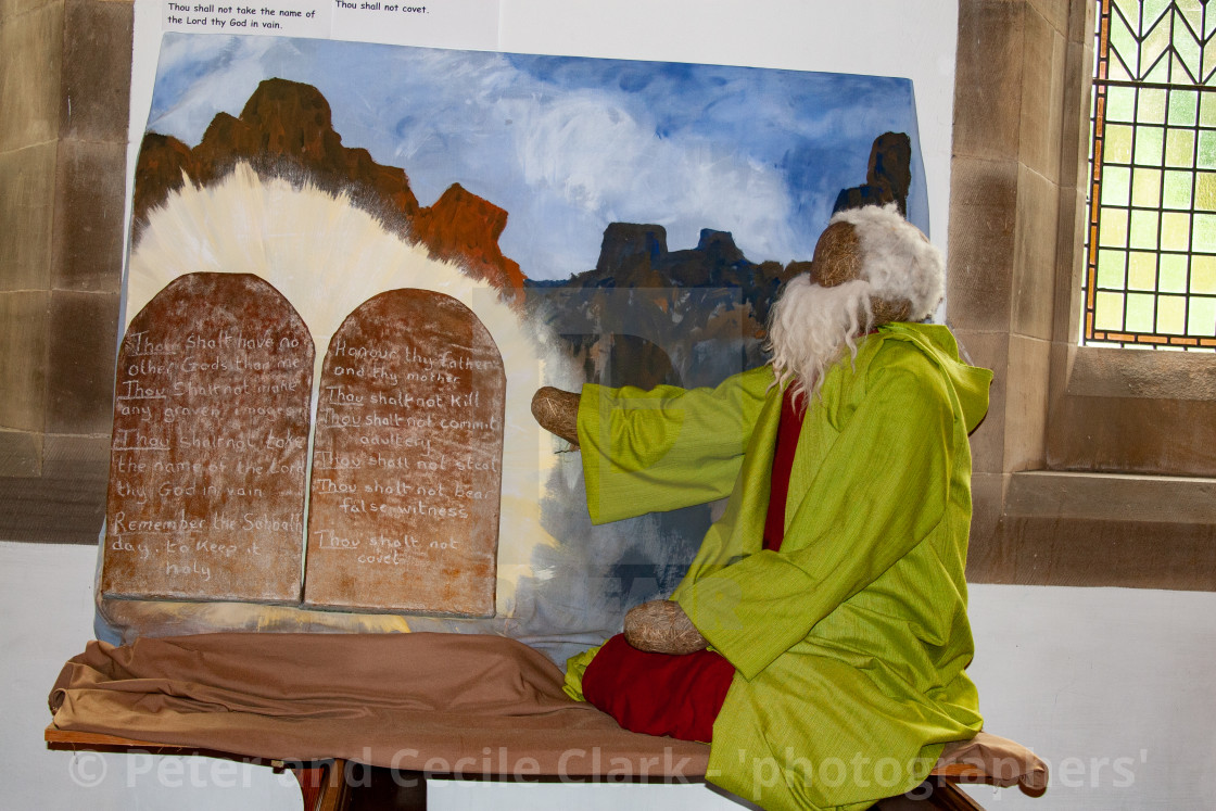 "Kettlewell Scarecrow Festival and Trail, Moses and Ten Commandments. Yorkshire Dales, England." stock image