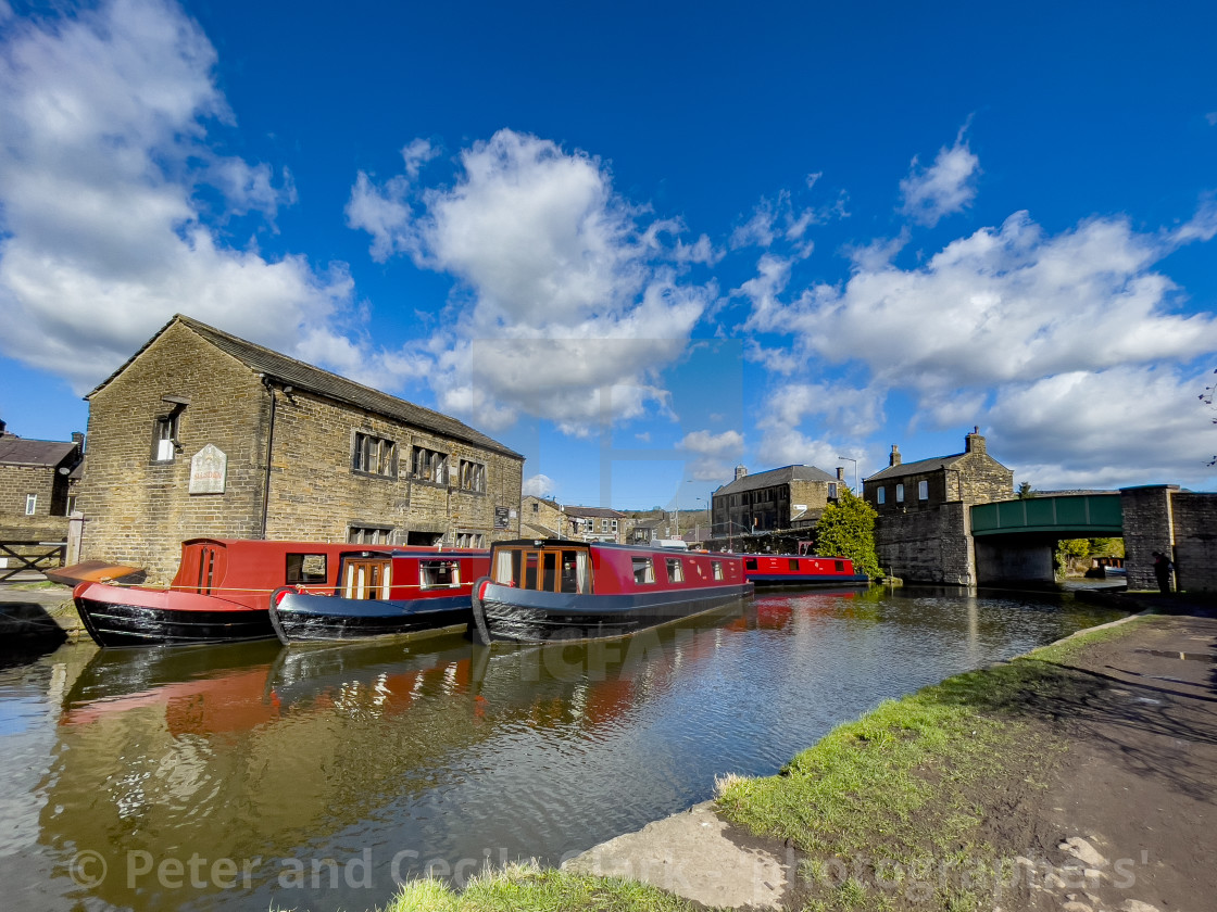 "Holiday Narrowboat/Barge Moored on the Leeds and Liverpool Canal at Silsden (Cobbydale) Yorkshire, England," stock image