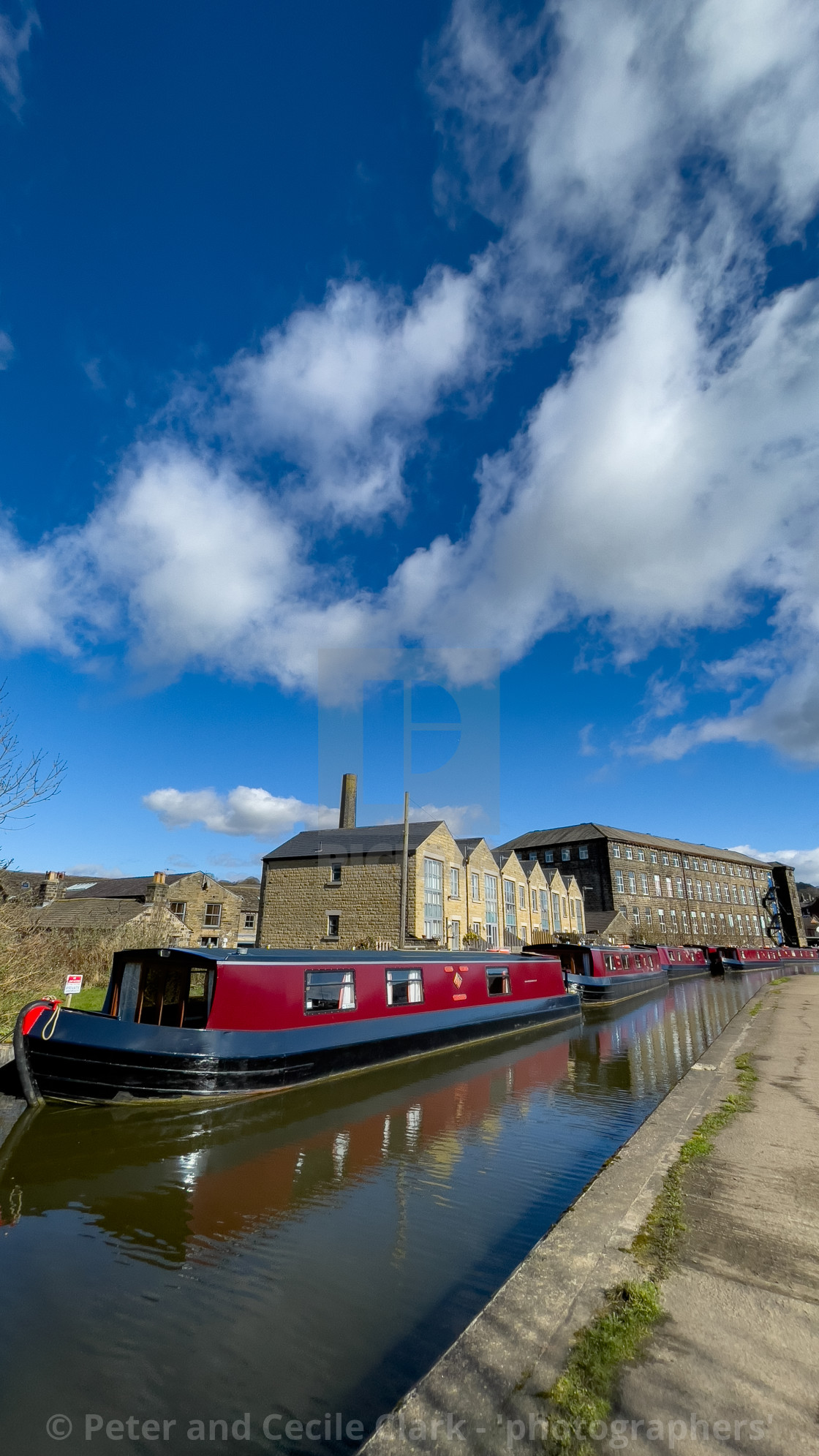 "Holiday Narrowboat/Barge Moored on the Leeds and Liverpool Canal at Silsden (Cobbydale) Yorkshire, England," stock image