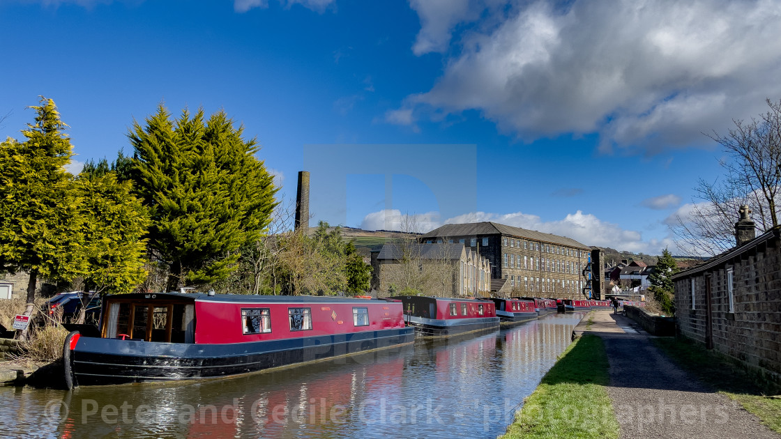 "Holiday Narrowboat/Barge Moored on the Leeds and Liverpool Canal at Silsden (Cobbydale) Yorkshire, England," stock image