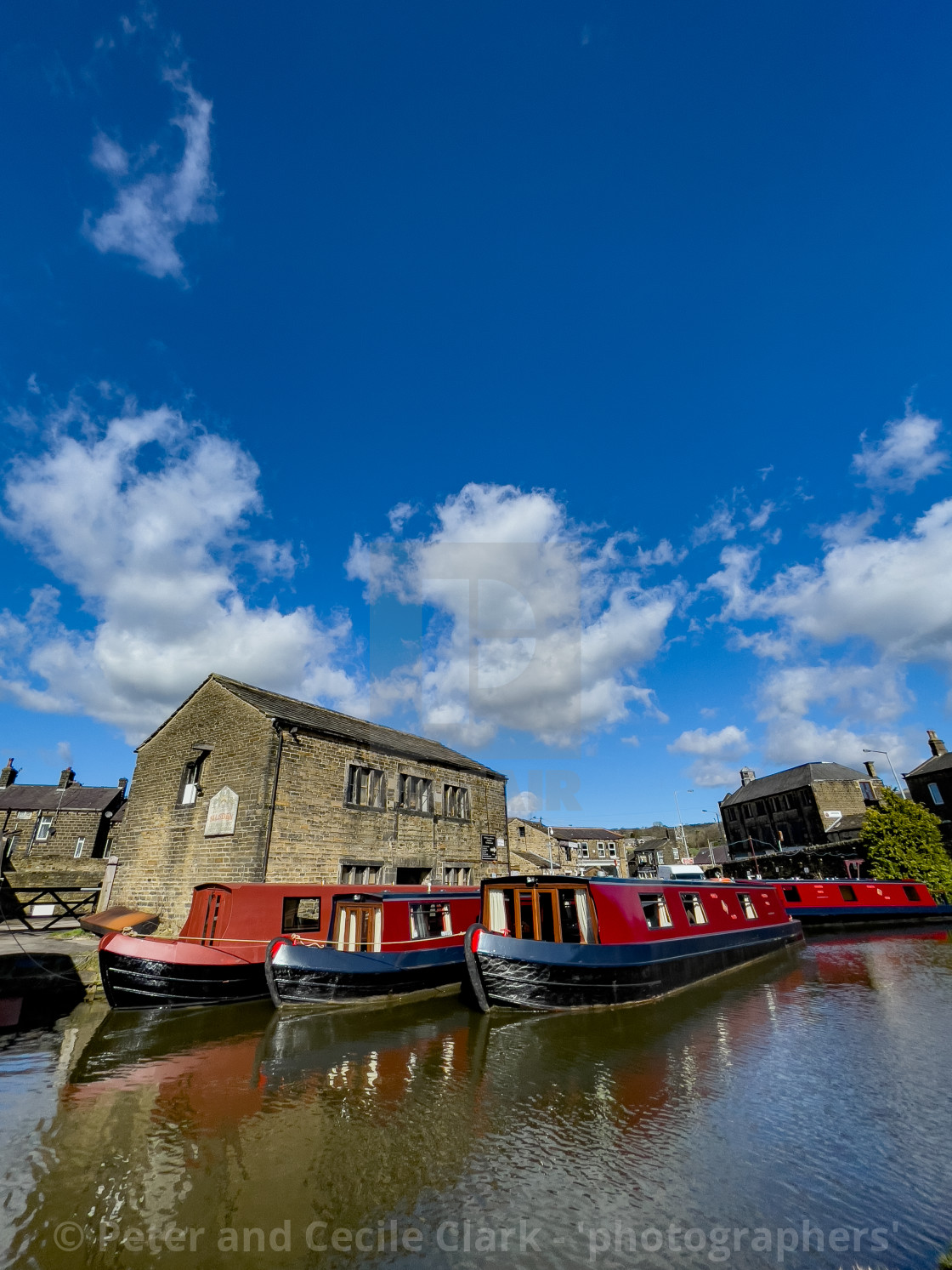 "Holiday Narrowboat/Barge Moored on the Leeds and Liverpool Canal at Silsden (Cobbydale) Yorkshire, England," stock image